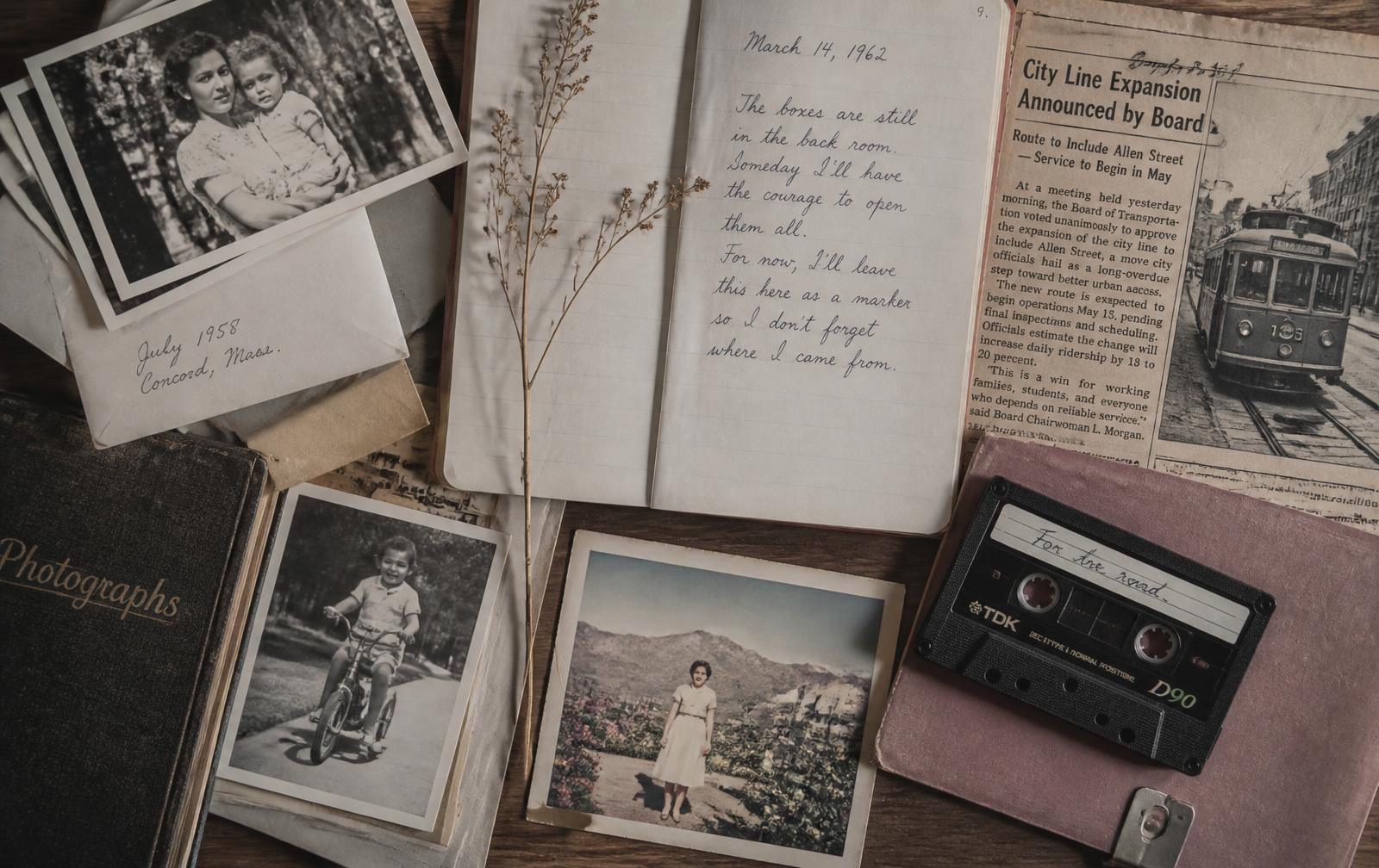 Old photographs, a handwritten journal page, a newspaper clipping and a cassette tape on a table